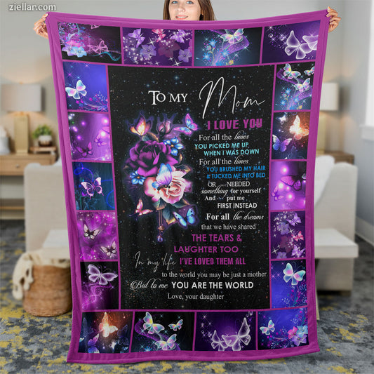 To My Mom Quilt Blanket, Fleece Blanket Purple Floral Galaxy Gift from Daughter, Custome Name