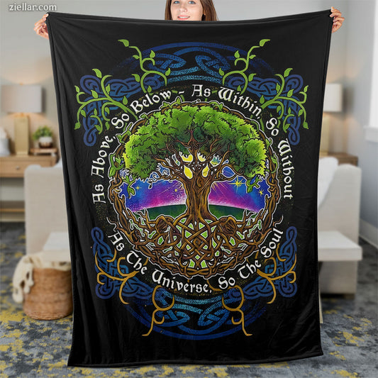 Celtic Tree of Life Quilt Blanket, Fleece Blanket Spiritual Forest Owl Design Gift Idea