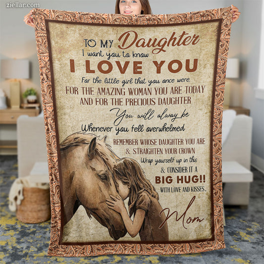 To My Daughter Quilt Blanket, Fleece Blanket Horse Hug from Mom with Loving Words, Personalized