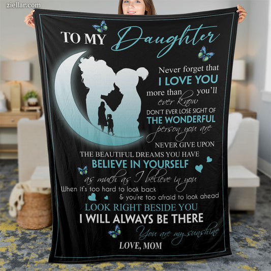 To My Daughter Quilt Blanket, Fleece Blanket Moon and Wolf Night Theme Gift, Custome Name