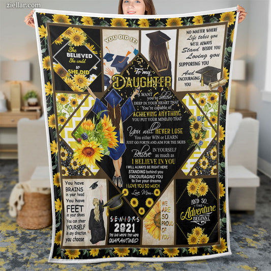 To My Daughter Quilt Blanket, Fleece Blanket Graduation Sunflower Gift, Custome Name