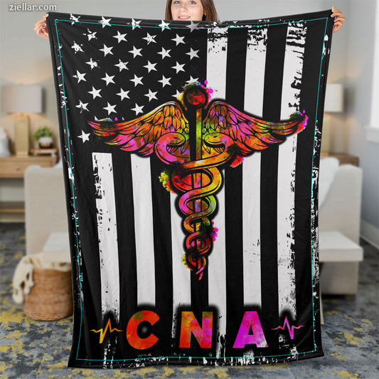CNA Nurse Quilt Blanket, Fleece Blanket American Flag Medical Theme for Healthcare Workers