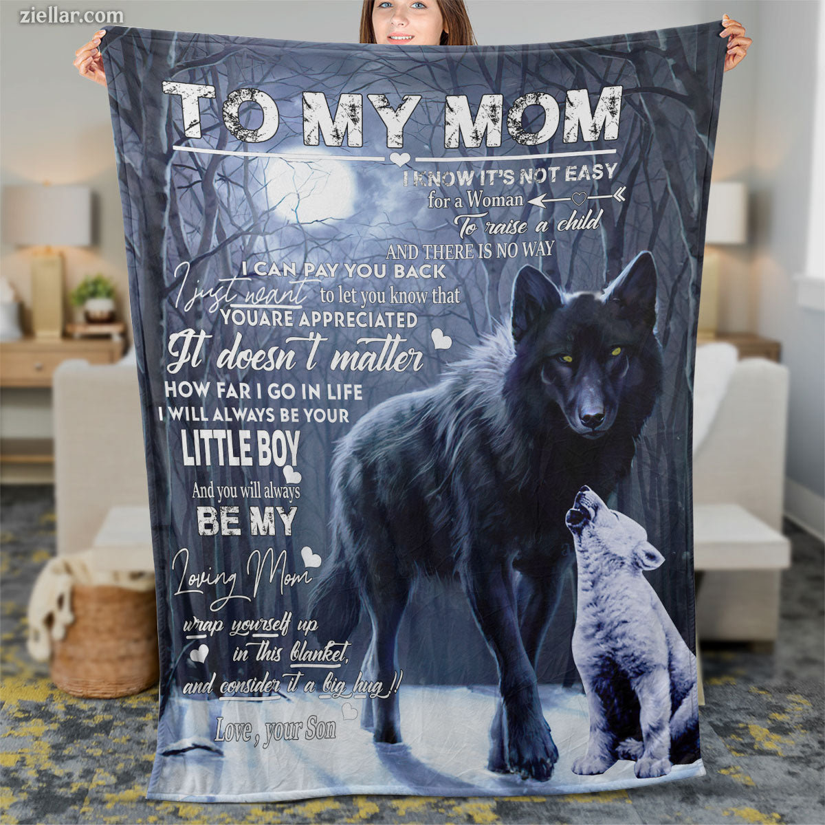 To My Mom Quilt Blanket, Fleece Blanket Wolf and Pup Winter Forest Design, Custome Name Option