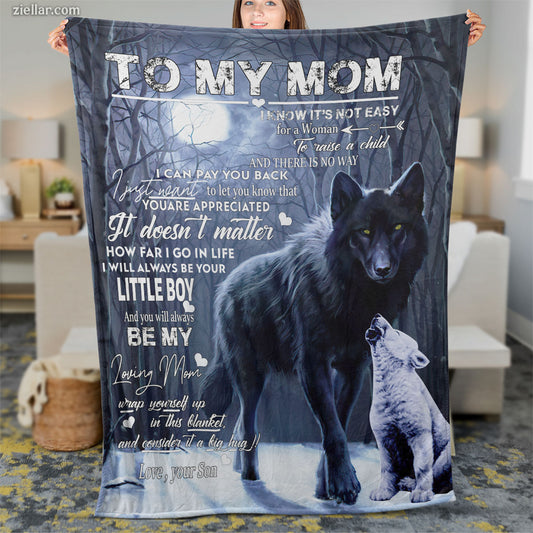 To My Mom Quilt Blanket, Fleece Blanket Wolf and Pup Winter Forest Design, Custome Name Option