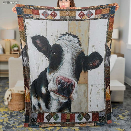 Cow Quilt Blanket, Fleece Blanket Rustic Country Farmhouse Animal Lover Gift with Cute Cow