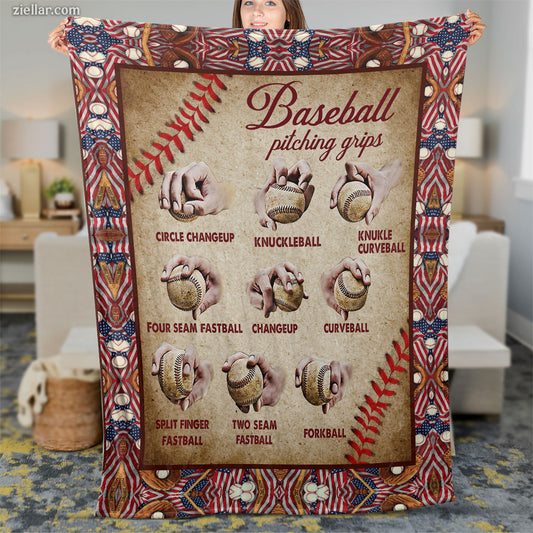 Baseball Pitch Types Quilt Blanket, Fleece Blanket Sports Fan Gift for Boys or Coaches