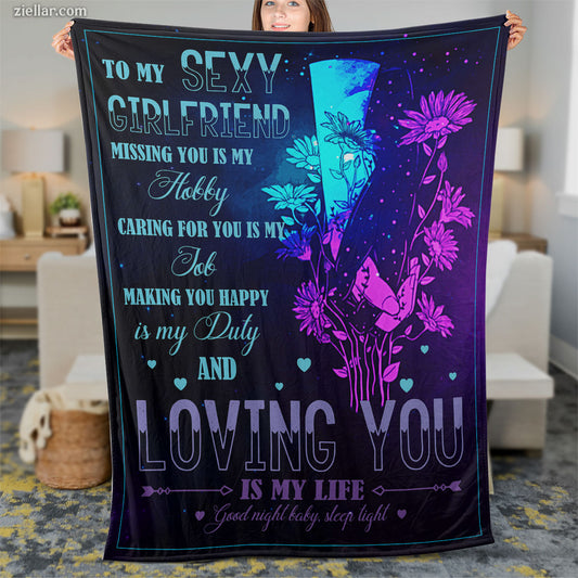 To My Sexy Girlfriend Quilt Blanket, Fleece Blanket Romantic Gift with Purple Galaxy Art
