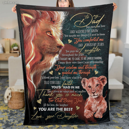 To My Dad Quilt Blanket, Fleece Blanket Lion and Cub Art with Loving Message, Custome Name