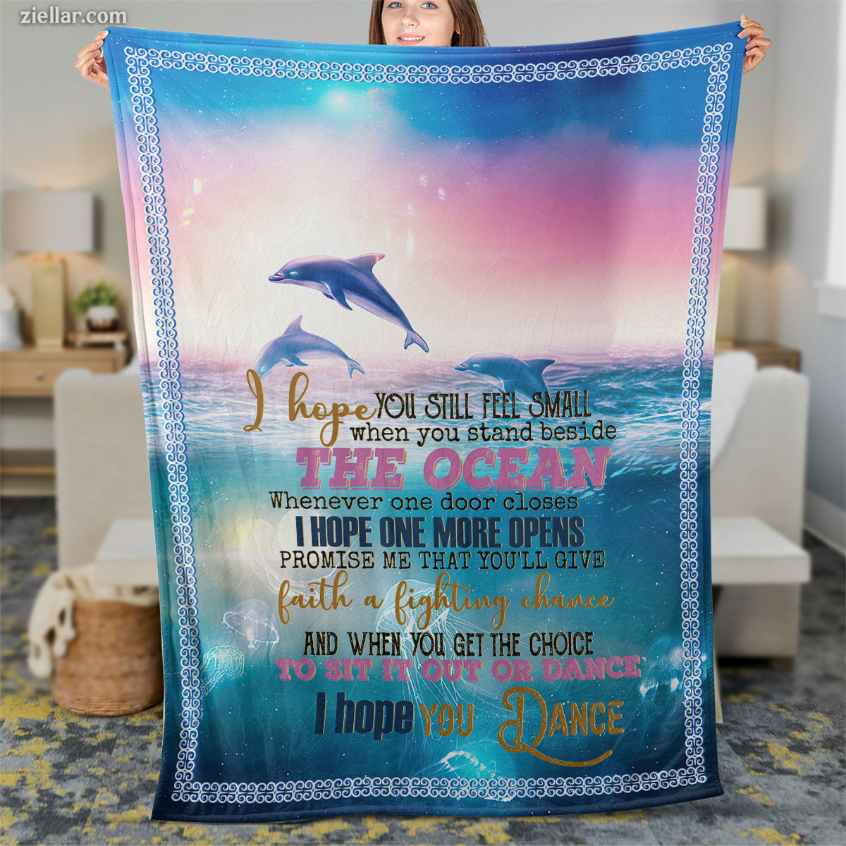 Dolphin Ocean Sunset Quilt Blanket, Fleece Blanket Beach Lover or Sea Life Gift Design