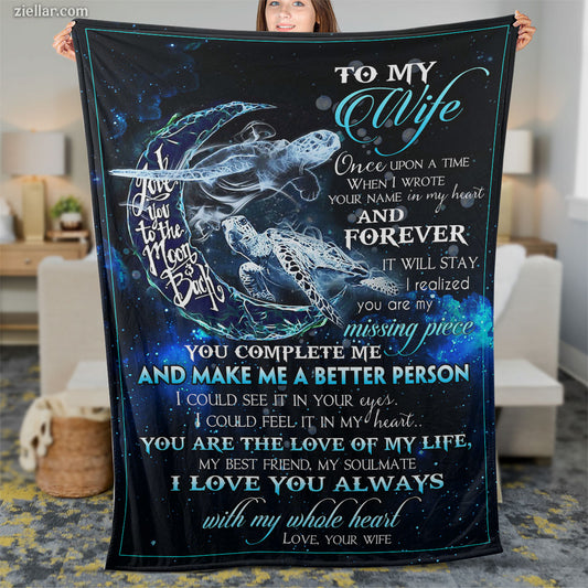 To My Wife Quilt Blanket, Fleece Blanket Moon and Ocean Art Romantic Gift, Custome Name
