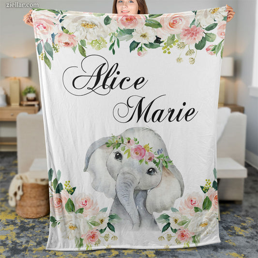 Elephant Floral Name Quilt Blanket, Fleece Blanket Baby Girl Nursery Art, Custome Name Option