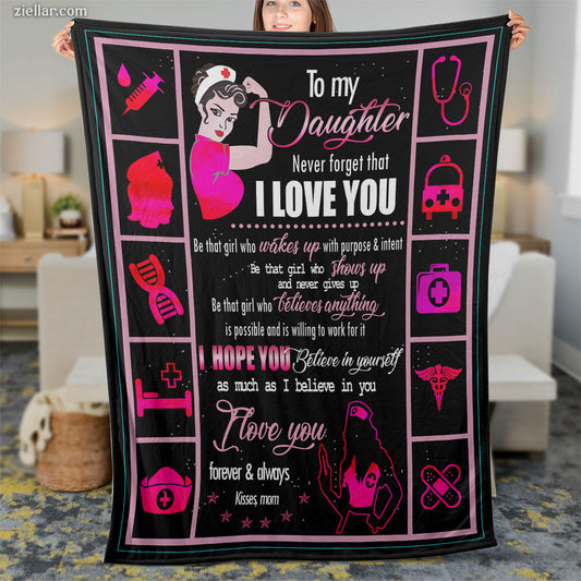 To My Daughter Quilt Blanket, Fleece Blanket Neon Icons and Love Quote Gift, Personalized