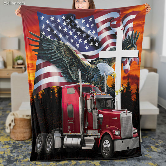 Truck and Eagle Quilt Blanket, Fleece Blanket American Flag and Cross Patriotic Gift Design
