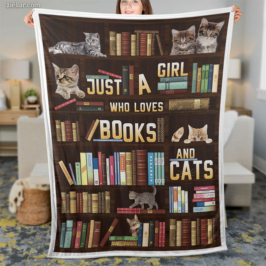 Books and Cats Quilt Blanket, Fleece Blanket for Girls Who Love Reading and Kittens