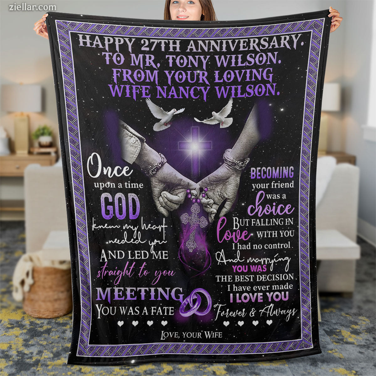 Anniversary Quilt Blanket, Fleece Blanket Purple Doves Gift for Wife or Husband, Custom Name