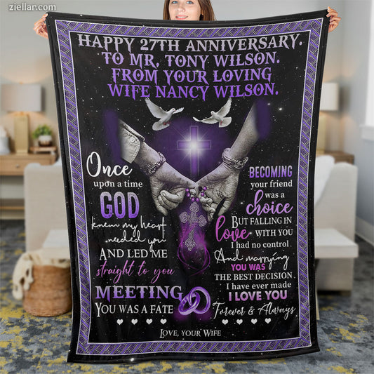 Anniversary Quilt Blanket, Fleece Blanket Purple Doves Gift for Wife or Husband, Custom Name