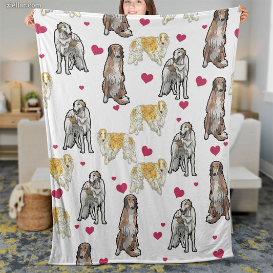 Cute Dog Pattern Quilt Blanket, Fleece Blanket with Cartoon Puppies and Hearts