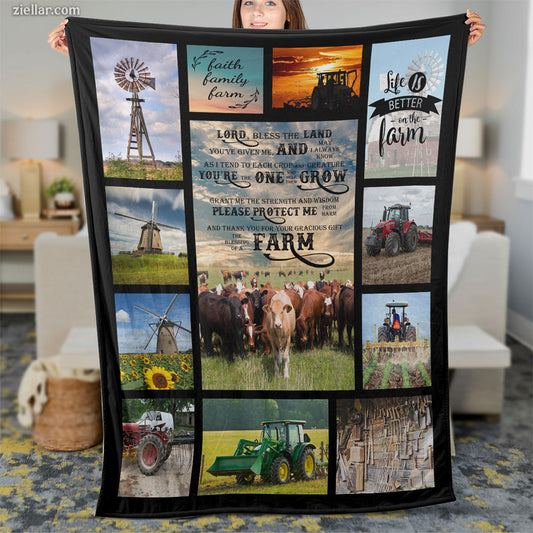 Farm Life Collage Quilt Blanket, Fleece Blanket with Tractors and Country Scenes