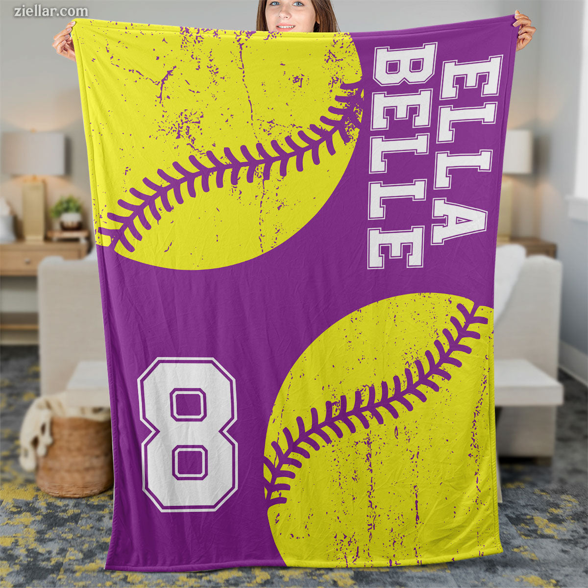 Softball Player Quilt Blanket, Fleece Blanket with Name and Number, Custome Name Option