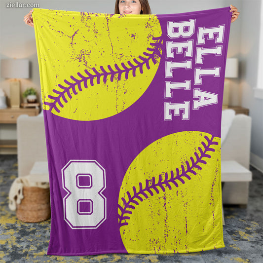 Softball Player Quilt Blanket, Fleece Blanket with Name and Number, Custome Name Option