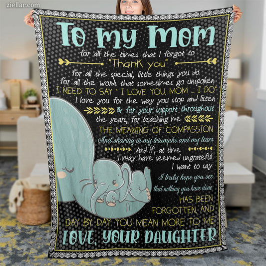 To My Mom Quilt Blanket, Fleece Blanket Elephant and Moon Art from Daughter, Personalized