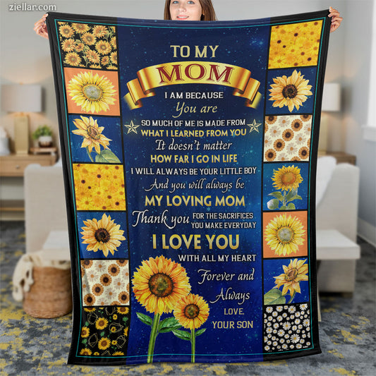 To My Mom Quilt Blanket, Fleece Blanket Sunflower Patchwork Art, Custome Name Option