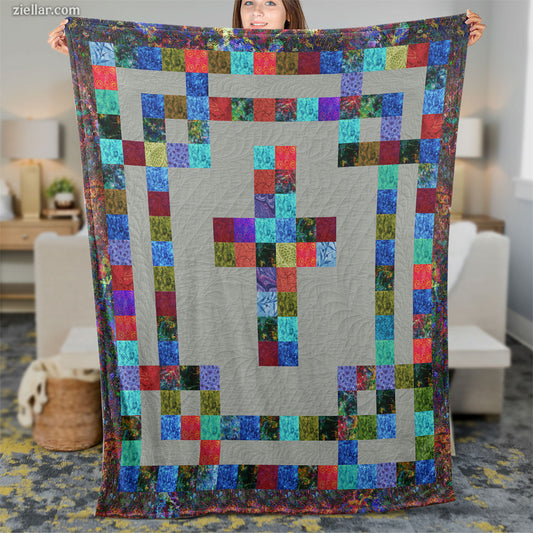 Christian Cross Quilt Blanket, Fleece Blanket Colorful Faith Patchwork Gift for Church
