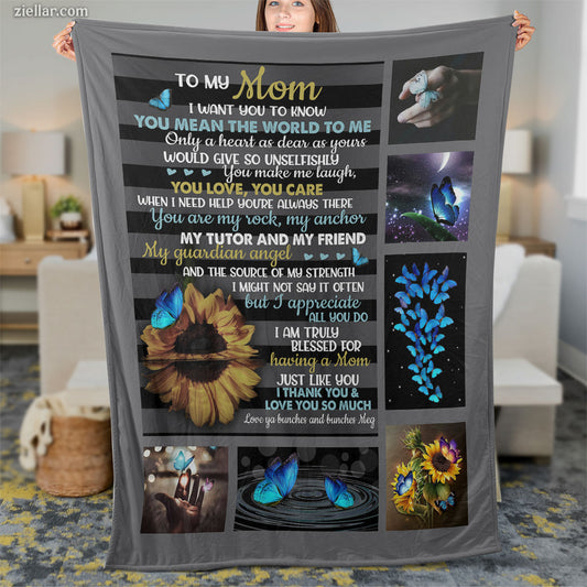 To My Mom Quilt Blanket, Fleece Blanket Blue Butterfly Memorial Gift, Custome Name