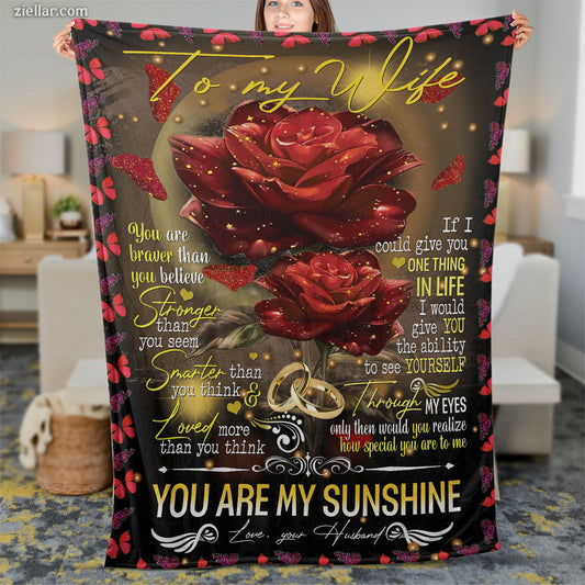 To My Wife Quilt Blanket, Fleece Blanket Red Rose Romantic Gift for Her, Personalized