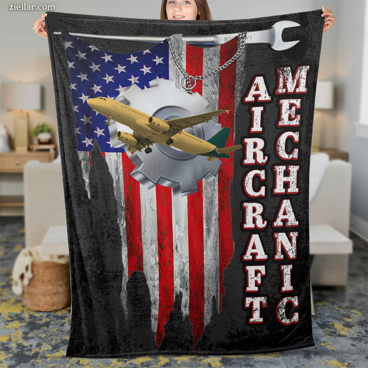 Aircraft Mechanic Quilt Blanket, Fleece Blanket American Flag Patriotic Gift