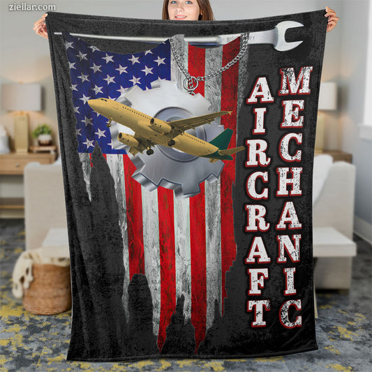 Aircraft Mechanic Quilt Blanket, Fleece Blanket American Flag Patriotic Gift