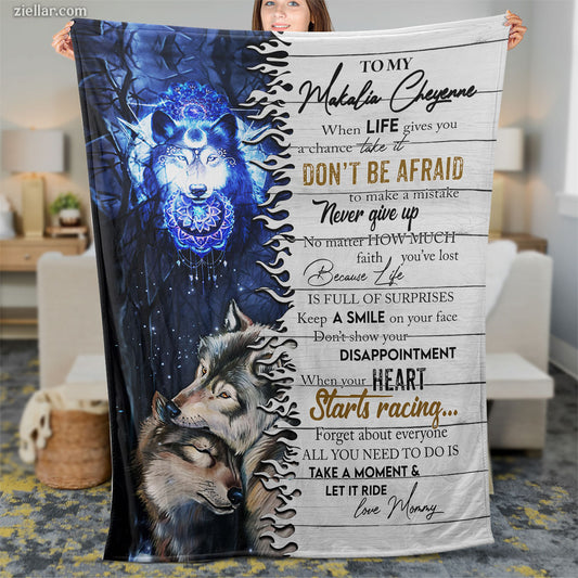 To My Daughter Quilt Blanket, Fleece Blanket Gift with Lion and Wolf Inspirational Art