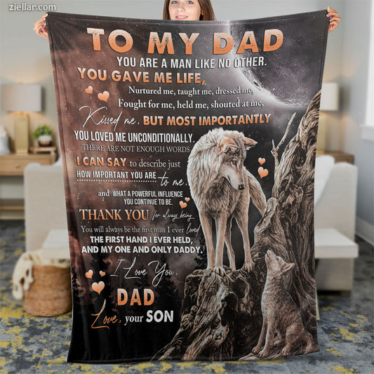 To My Dad Quilt Blanket, Fleece Blanket Thank You Gift from Son with Wolf Design
