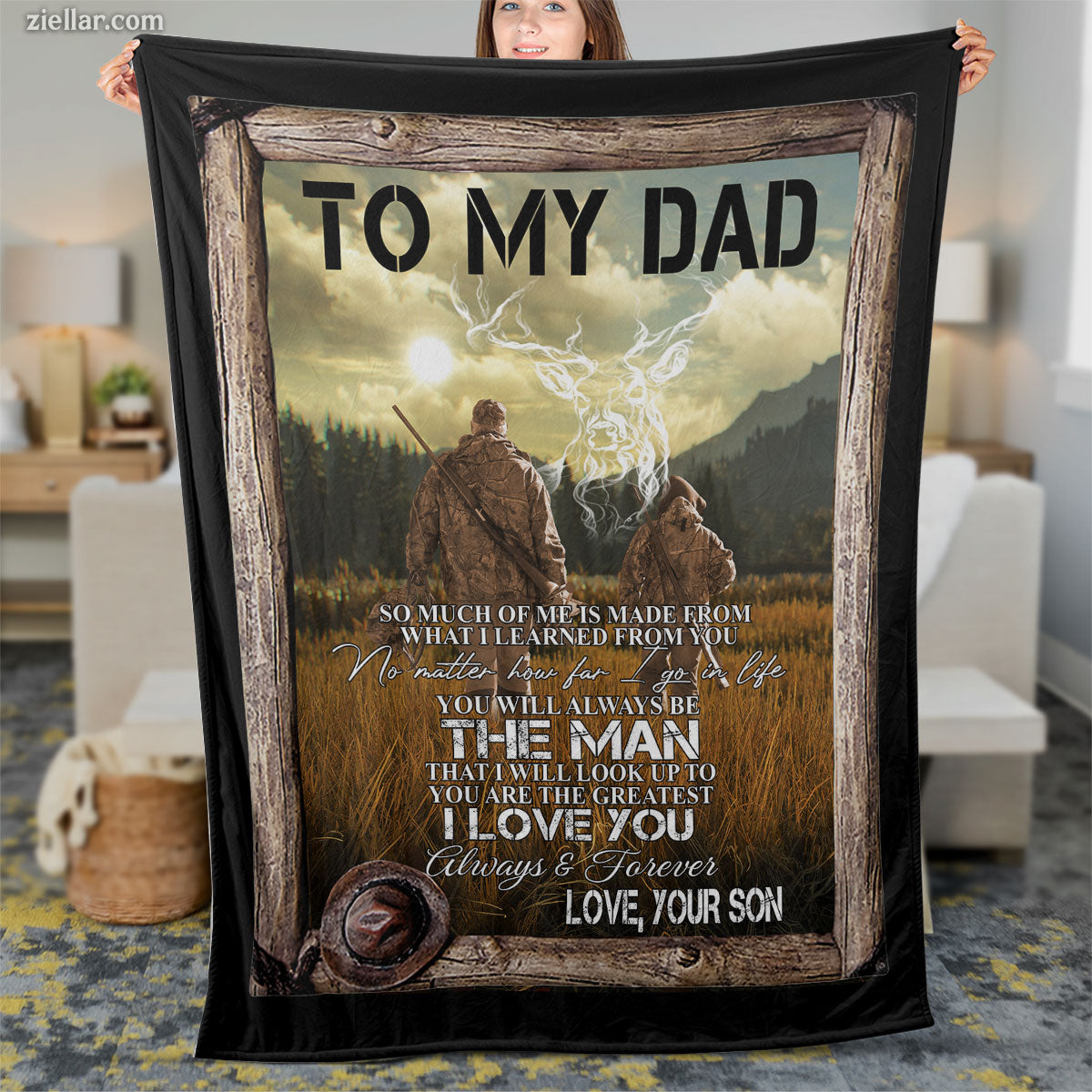 To My Dad Quilt Blanket, Fleece Blanket from Son with Forest Scene and Life Lessons