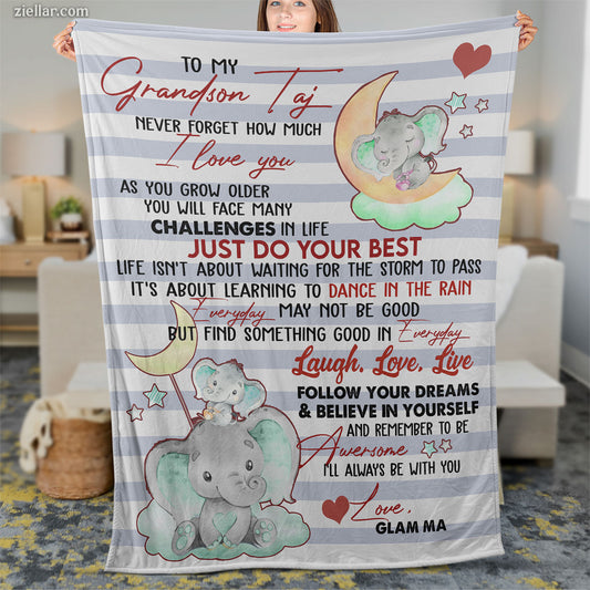 To My Grandson Quilt Blanket, Fleece Blanket Elephants Gift with Motivational Words