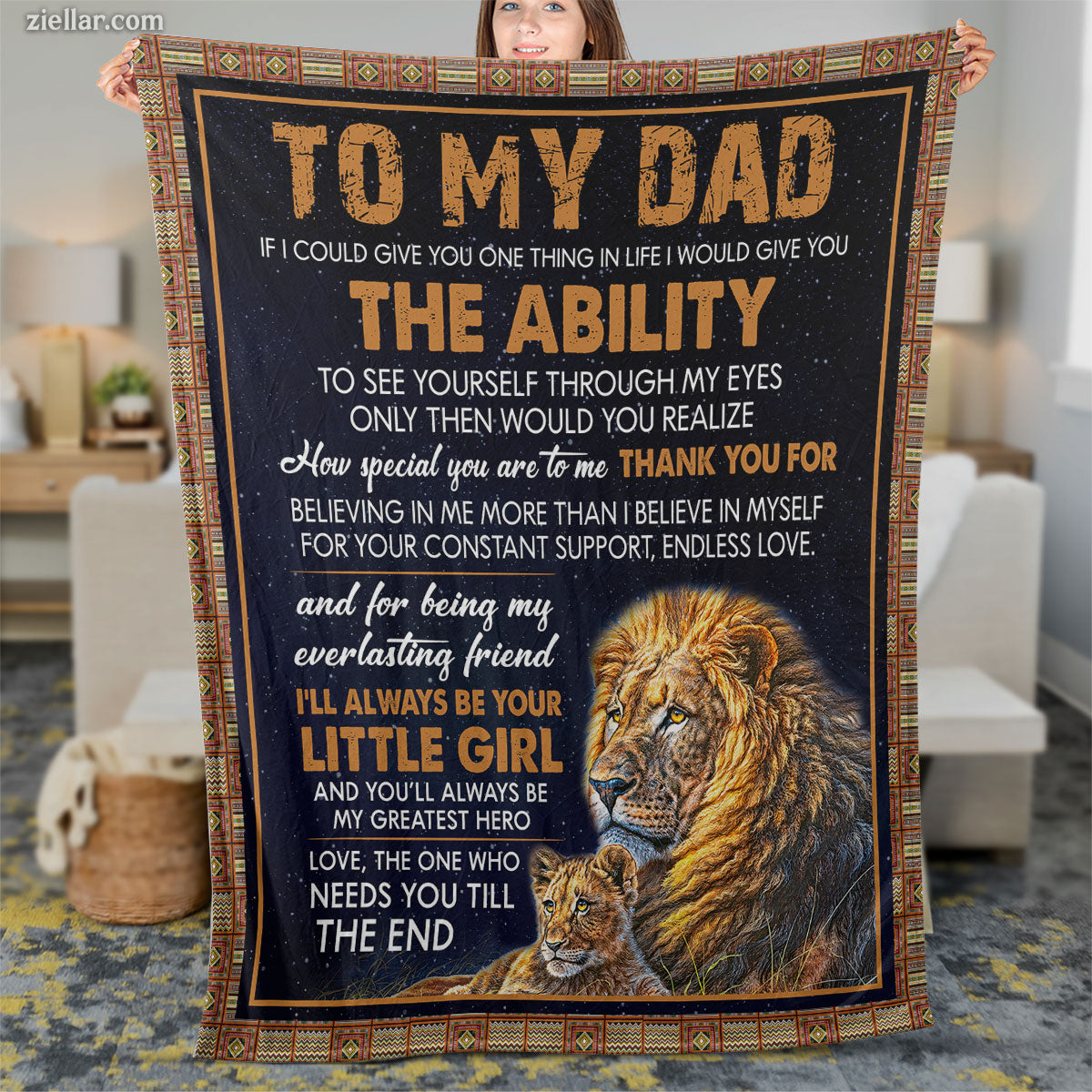 To My Dad Quilt Blanket, Fleece Blanket Lion Design from Daughter with Proud Message