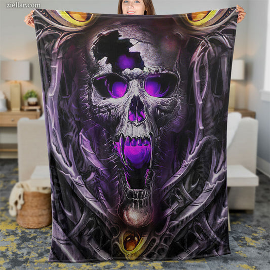 Skull Art Quilt Blanket, Fleece Blanket Dark Purple Gothic Gift for Unique Style Lovers