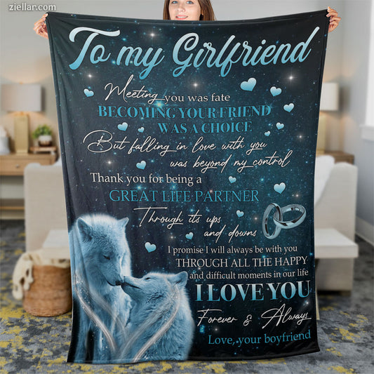 To My Girlfriend Quilt Blanket, Fleece Blanket Romantic Wolves Gift from Loving Boyfriend