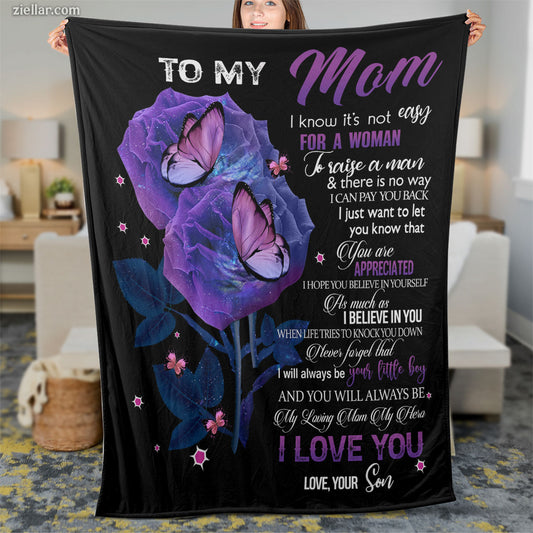 To My Mom Quilt Blanket, Fleece Blanket Gift with Purple Butterflies and Love Message
