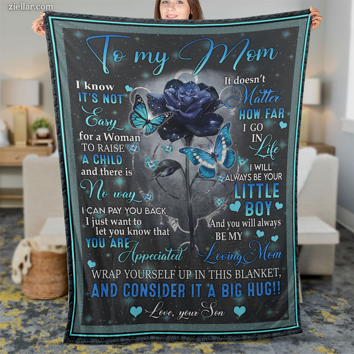 To My Mom Quilt Blanket, Fleece Blanket with Blue Rose and Message from Son