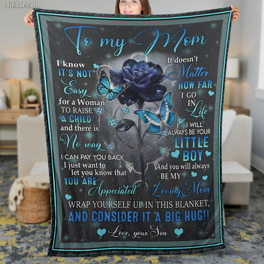 To My Mom Quilt Blanket, Fleece Blanket with Blue Rose and Message from Son