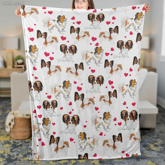 Dog Breed Pattern Quilt Blanket, Fleece Blanket with Cute Puppy Faces and Hearts