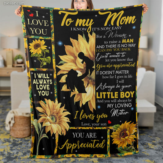To My Mom Quilt Blanket, Fleece Blanket Gift with Sunflowers and Message from Son