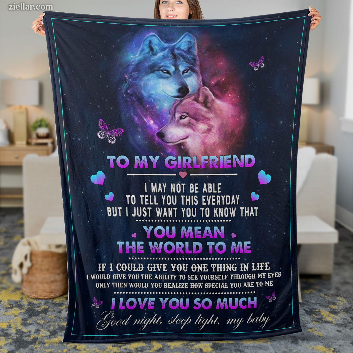 To My Girlfriend Quilt Blanket, Fleece Blanket Gift with Galaxy Wolf and Love Quote
