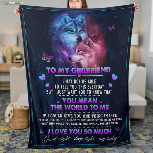 To My Girlfriend Quilt Blanket, Fleece Blanket Gift with Galaxy Wolf and Love Quote