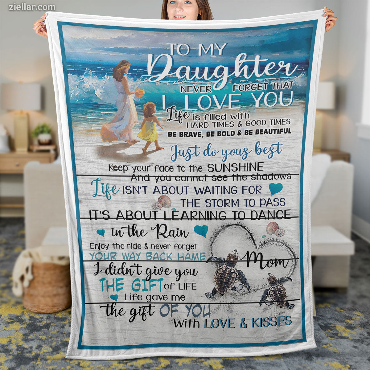 To My Daughter Quilt Blanket, Fleece Blanket with Beach Scene and Sentimental Note