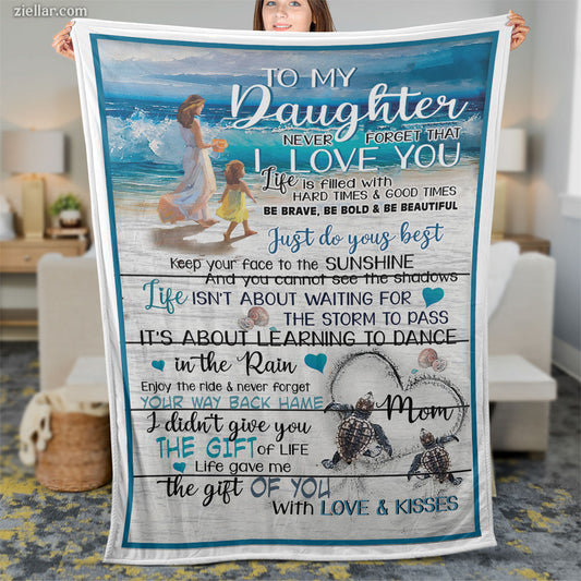 To My Daughter Quilt Blanket, Fleece Blanket with Beach Scene and Sentimental Note