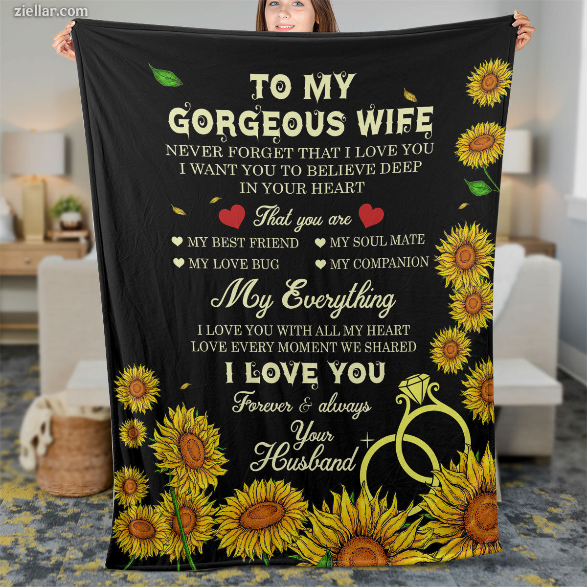 To My Gorgeous Wife Quilt Blanket, Fleece Blanket with Sunflowers and Love Rings