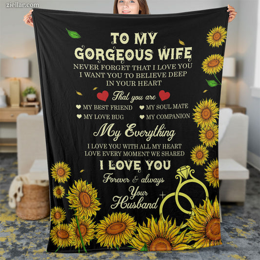 To My Gorgeous Wife Quilt Blanket, Fleece Blanket with Sunflowers and Love Rings