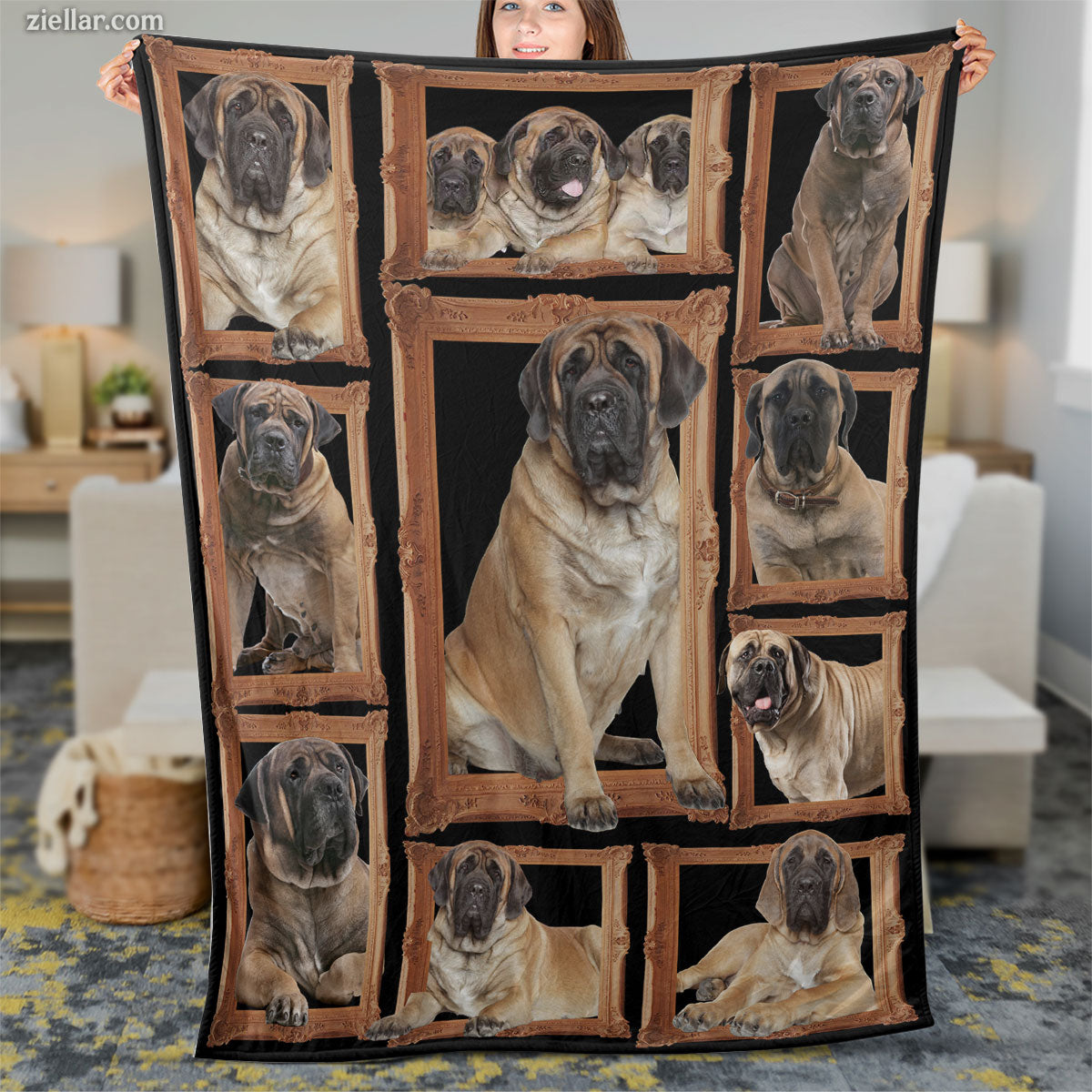 Dog Lover Quilt Blanket, Fleece Blanket with Mastiff Dog Images in Wooden Frame Style
